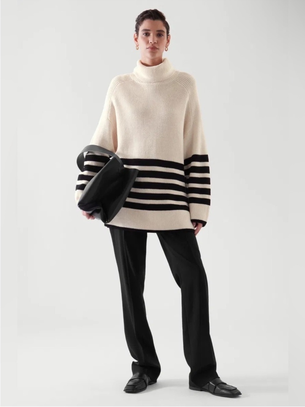 COS Wool Cotton Blend Roll Neck Turtleneck Jumper Longline Stripe Sweater Medium